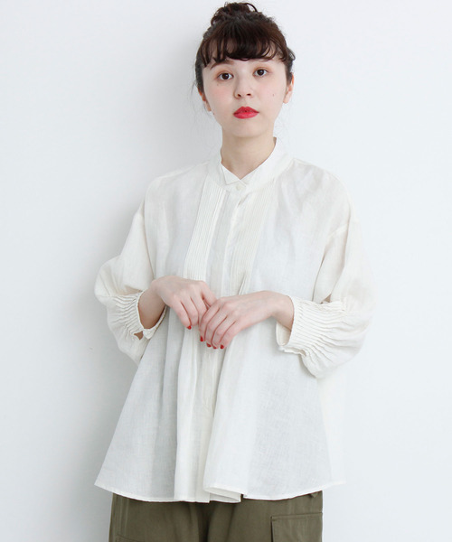 Savon アトリエドサボン のファッション シャツ ブラウス 麻 ピンタックウィングカラー7分袖 Bl シャツ ブラウス L Atelier Du