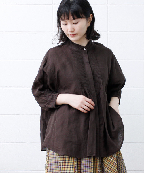Savon アトリエドサボン のファッション シャツ ブラウス 麻 ピンタックウィングカラー7分袖 Bl シャツ ブラウス L Atelier Du
