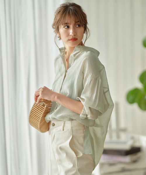 KOBE LETTUCE（コウベレタス）の「ビッグシルエットシアーシャツ（シャツ/ブラウス・レディース・ブラック/ミント/ラベンダー/オフホワイト/ライトベージュ/グリーン系その他/ブラック系その他/グレイッシュベージュ/ピンク/ホワイト/キャメル/ブルー/ホワイト系その他/パープル系その他・FREE）」の10枚目の写真