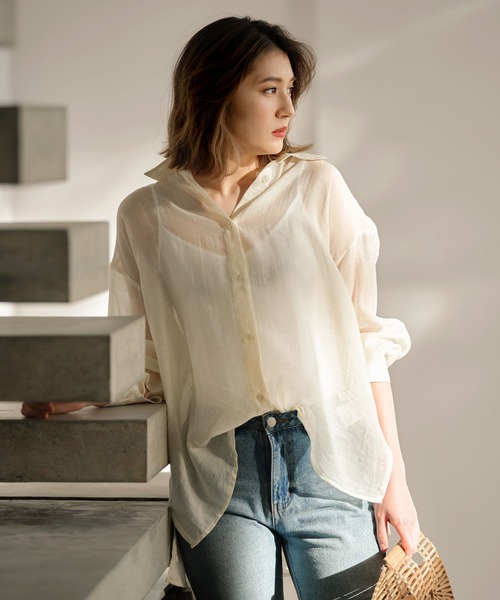 KOBE LETTUCE（コウベレタス）の「ビッグシルエットシアーシャツ（シャツ/ブラウス・レディース・ブラック/ミント/ラベンダー/オフホワイト/ライトベージュ/グリーン系その他/ブラック系その他/グレイッシュベージュ/ピンク/ホワイト/キャメル/ブルー/ホワイト系その他/パープル系その他・FREE）」の22枚目の写真