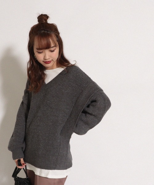 Cheek(チーク)の「5Gワッフル編み前後2wayニット(ニット/セーター・レディース・チャコールグレー/アイボリー/モカ・MEDIUM)」の16枚目の写真