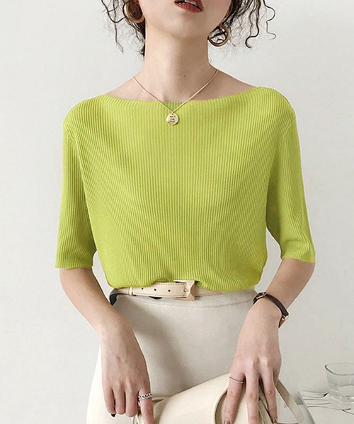 JUNOAH(ジュノア)の「サマーリブニット5分袖トップス(Tシャツ/カットソー・レディース・ホワイト/ブラック/ピンク/イエロー/ブルー/グリーン/ホワイト系その他/ブラック系その他/グリーン系その他/イエロー系その他/ピンク系その他/ブルー系その他/ブラック系その他2/ホワイト系その他2/グリーン系その他2/イエロー系その他2/ピンク系その他2/ブルー系その他2・FREE)」の8枚目の写真