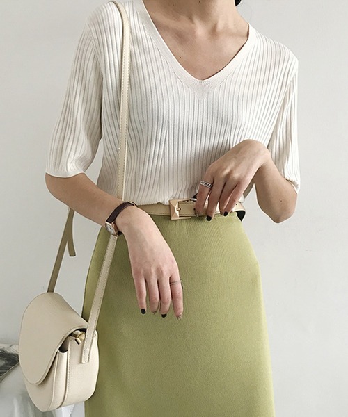 JUNOAH(ジュノア)の「サマーリブニット5分袖トップス(Tシャツ/カットソー・レディース・ホワイト/ブラック/ピンク/イエロー/ブルー/グリーン/ホワイト系その他/ブラック系その他/グリーン系その他/イエロー系その他/ピンク系その他/ブルー系その他/ブラック系その他2/ホワイト系その他2/グリーン系その他2/イエロー系その他2/ピンク系その他2/ブルー系その他2・FREE)」の3枚目の写真