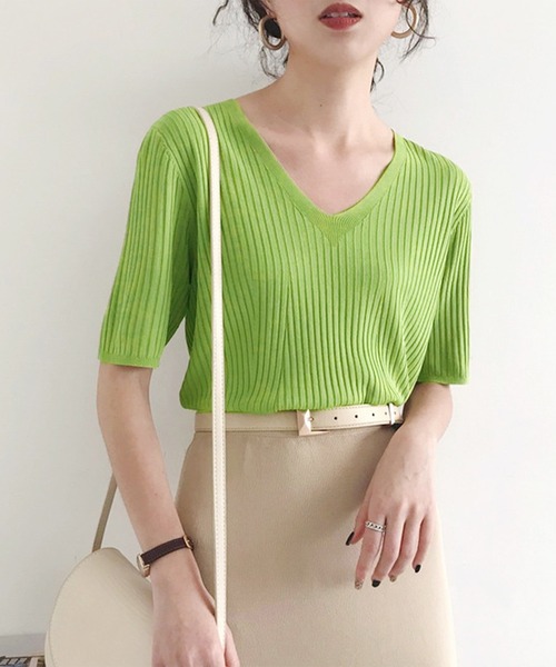 JUNOAH(ジュノア)の「サマーリブニット5分袖トップス(Tシャツ/カットソー・レディース・ホワイト/ブラック/ピンク/イエロー/ブルー/グリーン/ホワイト系その他/ブラック系その他/グリーン系その他/イエロー系その他/ピンク系その他/ブルー系その他/ブラック系その他2/ホワイト系その他2/グリーン系その他2/イエロー系その他2/ピンク系その他2/ブルー系その他2・FREE)」の9枚目の写真