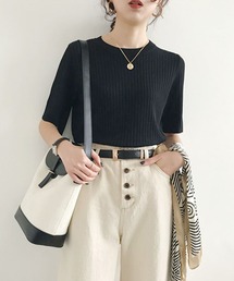 junoah | サマーリブニット5分袖トップス(Tシャツ/カットソー)