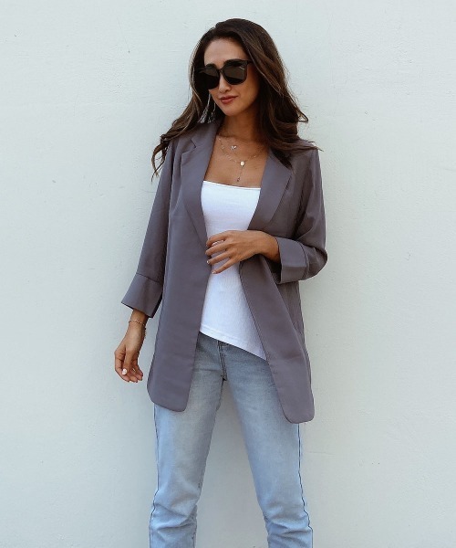 esutoreja（エストレジャ）の「シースルースリットサマージャケット（テーラードジャケット・レディース・ホワイト/グレー・FREE）」の4枚目の写真