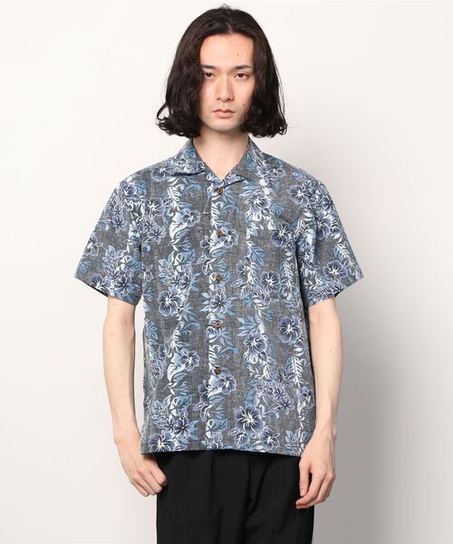 KAHALA メンズM アロハシャツ 半袖シャツ ボタニカル 総柄 水色