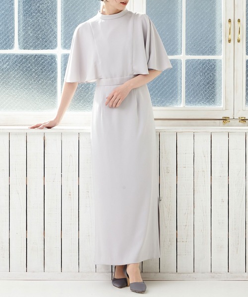 セール】ケープスリーブ×スリットスカートスレンダーロングパーティー