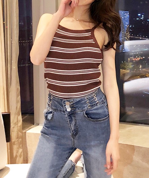 Anuenue（アヌエヌエ）の「アメリカンスリーブ ボーダーキャミソール（キャミソール・レディース・ブラック/ブラウン/グレー/イエロー/グリーン・FREE）」の4枚目の写真