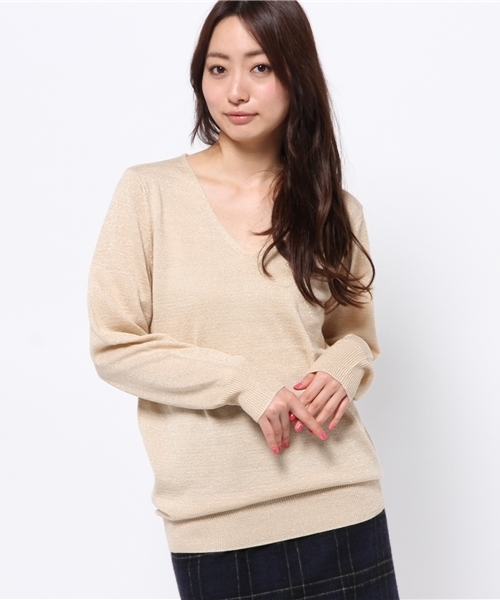 DISCOAT(ディスコート)の「【Discoat】ML展開あり ラメVネックプルオーバー(ニット/セーター・レディース・モカ/ブルー/アイボリー/ネイビー・LARGE/MEDIUM)」の1枚目の写真