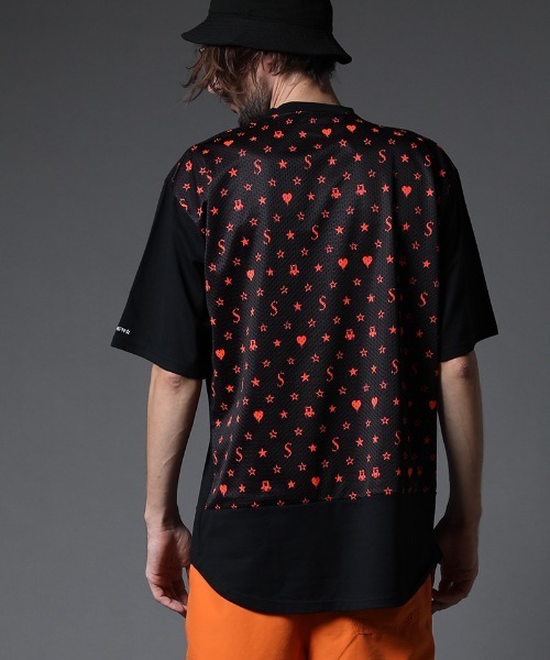 STUD MUFFIN(スタッドマフィン)の「mt7533-40-2天竺-メッシュスターグラムpt ワイドシルエット SS Tシャツ(Tシャツ/カットソー・メンズ・ホワイト×ブラック/ブラック×イエロー/ブラック系その他・2/3/4)」の2枚目の写真