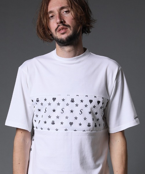 STUD MUFFIN(スタッドマフィン)の「mt7533-40-2天竺-メッシュスターグラムpt ワイドシルエット SS Tシャツ(Tシャツ/カットソー・メンズ・ホワイト×ブラック/ブラック×イエロー/ブラック系その他・2/3/4)」の4枚目の写真