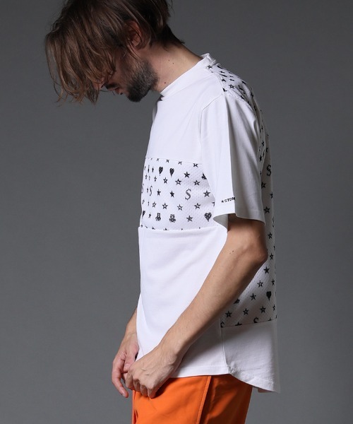 STUD MUFFIN(スタッドマフィン)の「mt7533-40-2天竺-メッシュスターグラムpt ワイドシルエット SS Tシャツ(Tシャツ/カットソー・メンズ・ホワイト×ブラック/ブラック×イエロー/ブラック系その他・2/3/4)」の5枚目の写真