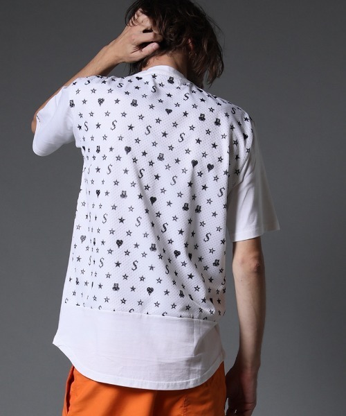STUD MUFFIN(スタッドマフィン)の「mt7533-40-2天竺-メッシュスターグラムpt ワイドシルエット SS Tシャツ(Tシャツ/カットソー・メンズ・ホワイト×ブラック/ブラック×イエロー/ブラック系その他・2/3/4)」の6枚目の写真