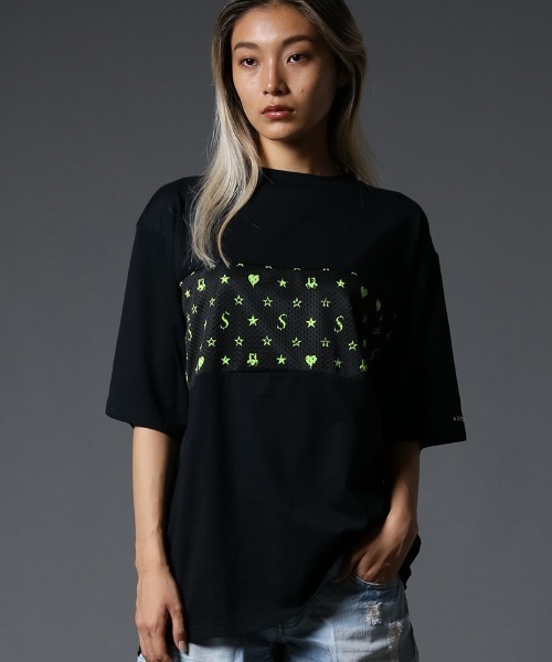 STUD MUFFIN(スタッドマフィン)の「mt7533-40-2天竺-メッシュスターグラムpt ワイドシルエット SS Tシャツ(Tシャツ/カットソー・メンズ・ホワイト×ブラック/ブラック×イエロー/ブラック系その他・2/3/4)」の20枚目の写真