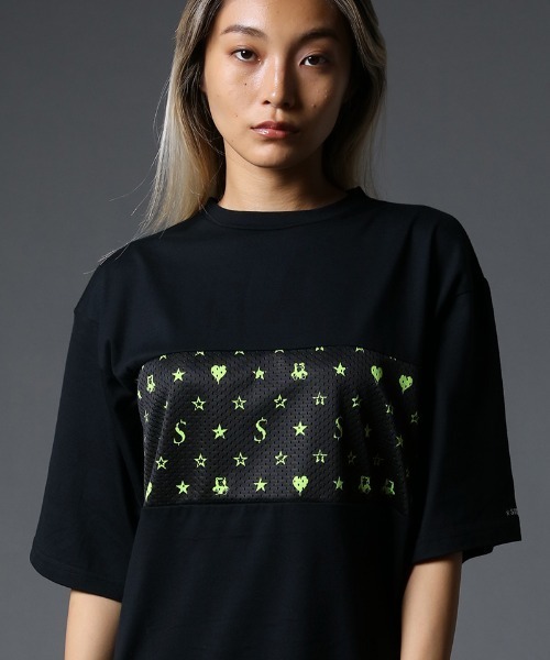 STUD MUFFIN(スタッドマフィン)の「mt7533-40-2天竺-メッシュスターグラムpt ワイドシルエット SS Tシャツ(Tシャツ/カットソー・メンズ・ホワイト×ブラック/ブラック×イエロー/ブラック系その他・2/3/4)」の21枚目の写真