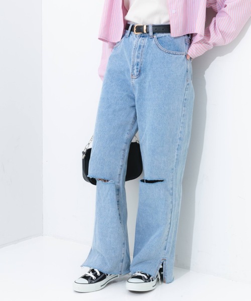 nemne store(ネンネストア)の「クラッシュワイドデニムパンツ(デニムパンツ・レディース・ライトブルー/ブラック/ブルー・SMALL/MEDIUM/LARGE)」の3枚目の写真