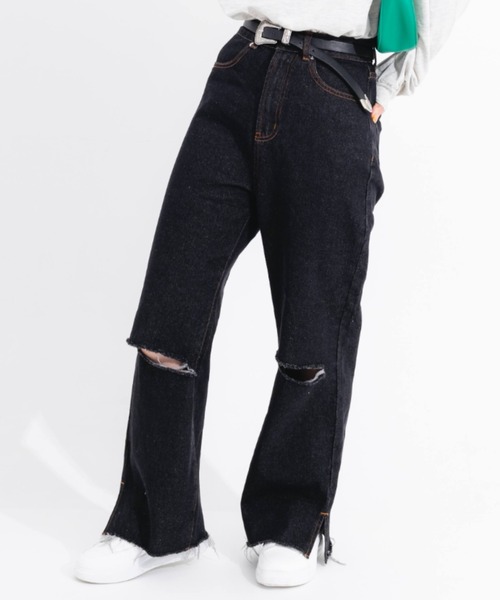 nemne store(ネンネストア)の「クラッシュワイドデニムパンツ(デニムパンツ・レディース・ライトブルー/ブラック/ブルー・SMALL/MEDIUM/LARGE)」の2枚目の写真