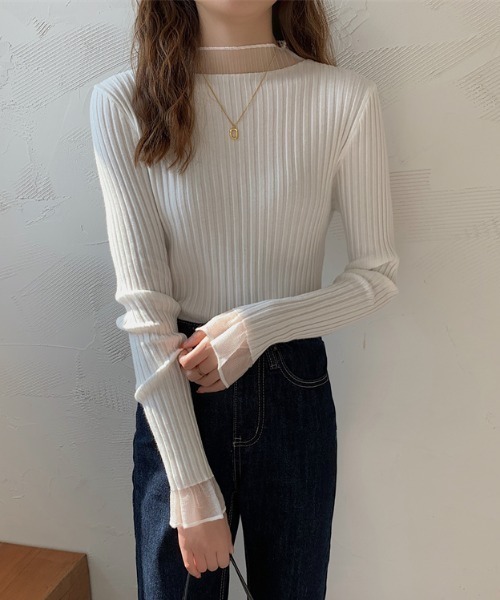 MANGROVE（マングローブ）の「S/S シースルーモックネックリブニット（Tシャツ/カットソー・レディース・アイボリー/ブルー/ブラック/パープル/ホワイト・FREE）」の2枚目の写真