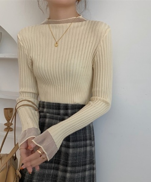 MANGROVE（マングローブ）の「S/S シースルーモックネックリブニット（Tシャツ/カットソー・レディース・アイボリー/ブルー/ブラック/パープル/ホワイト・FREE）」の3枚目の写真