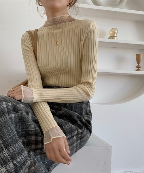 MANGROVE（マングローブ）の「S/S シースルーモックネックリブニット（Tシャツ/カットソー・レディース・アイボリー/ブルー/ブラック/パープル/ホワイト・FREE）」の14枚目の写真