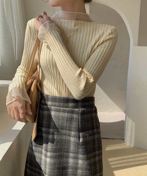 MANGROVE（マングローブ）の「S/S シースルーモックネックリブニット（Tシャツ/カットソー・レディース・アイボリー/ブルー/ブラック/パープル/ホワイト・FREE）」の22枚目の写真