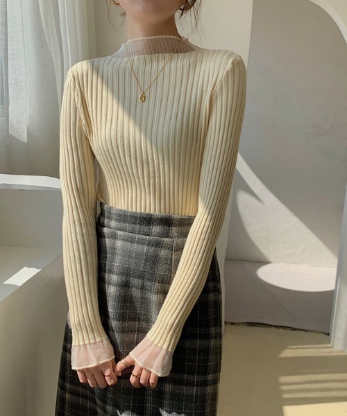 MANGROVE（マングローブ）の「S/S シースルーモックネックリブニット（Tシャツ/カットソー・レディース・アイボリー/ブルー/ブラック/パープル/ホワイト・FREE）」の18枚目の写真