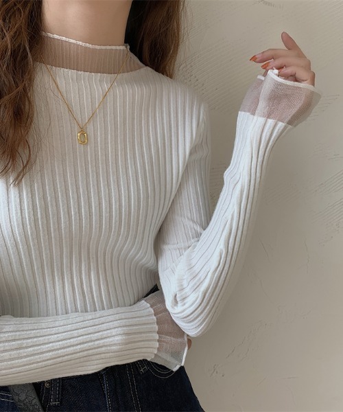 MANGROVE（マングローブ）の「S/S シースルーモックネックリブニット（Tシャツ/カットソー・レディース・アイボリー/ブルー/ブラック/パープル/ホワイト・FREE）」の11枚目の写真