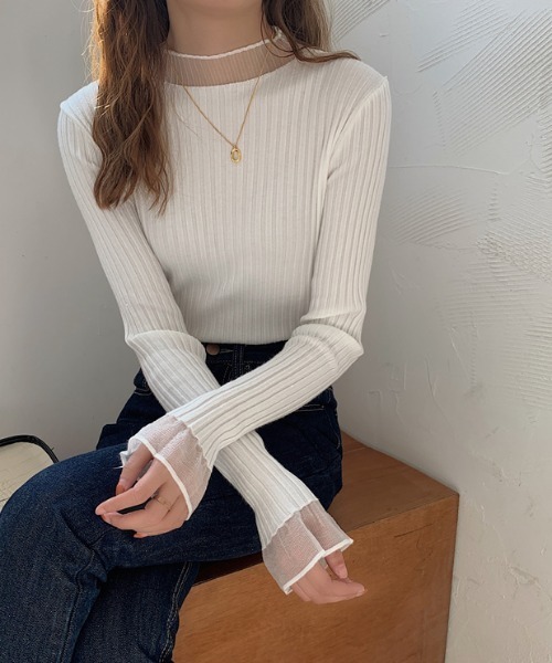 MANGROVE（マングローブ）の「S/S シースルーモックネックリブニット（Tシャツ/カットソー・レディース・アイボリー/ブルー/ブラック/パープル/ホワイト・FREE）」の16枚目の写真