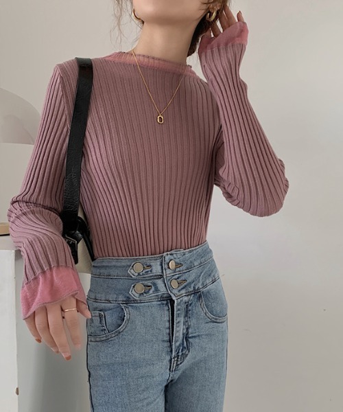 MANGROVE（マングローブ）の「S/S シースルーモックネックリブニット（Tシャツ/カットソー・レディース・アイボリー/ブルー/ブラック/パープル/ホワイト・FREE）」の12枚目の写真