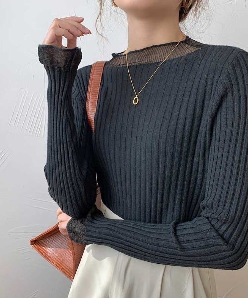 MANGROVE（マングローブ）の「S/S シースルーモックネックリブニット（Tシャツ/カットソー・レディース・アイボリー/ブルー/ブラック/パープル/ホワイト・FREE）」の15枚目の写真