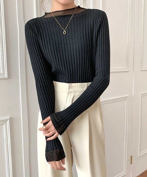 MANGROVE（マングローブ）の「S/S シースルーモックネックリブニット（Tシャツ/カットソー・レディース・アイボリー/ブルー/ブラック/パープル/ホワイト・FREE）」の10枚目の写真