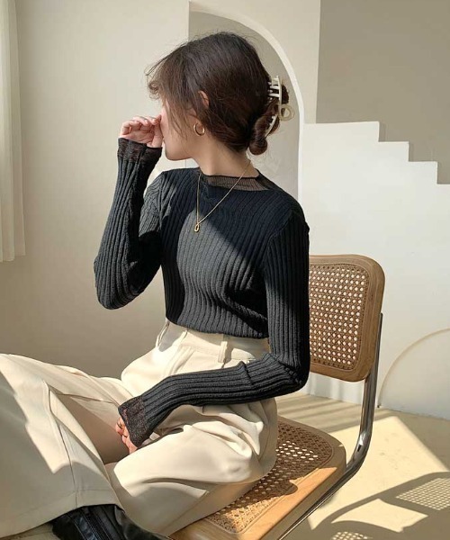 MANGROVE（マングローブ）の「S/S シースルーモックネックリブニット（Tシャツ/カットソー・レディース・アイボリー/ブルー/ブラック/パープル/ホワイト・FREE）」の7枚目の写真