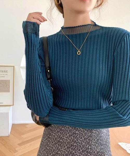 MANGROVE（マングローブ）の「S/S シースルーモックネックリブニット（Tシャツ/カットソー・レディース・アイボリー/ブルー/ブラック/パープル/ホワイト・FREE）」の21枚目の写真