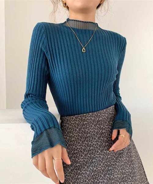 MANGROVE（マングローブ）の「S/S シースルーモックネックリブニット（Tシャツ/カットソー・レディース・アイボリー/ブルー/ブラック/パープル/ホワイト・FREE）」の13枚目の写真