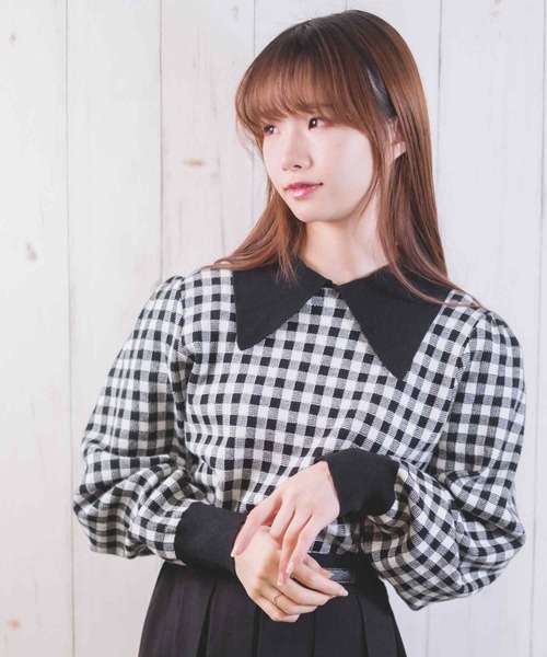Clice de Paris(クリシェドゥパリス)の「K/チェック柄ニット(ニット/セーター・レディース・ベージュ/ブラック・ONESIZE)」の5枚目の写真