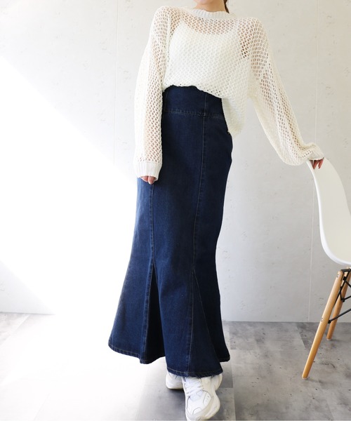 Per sist ence(パーシエンス)の「Per sist ence/パーシエンス デニム&ツイル ハイウエストマーメイドスカート(スカート・レディース・ブラック/インディゴブルー/アイボリー/ライトインディゴブルー・FREE)」の3枚目の写真