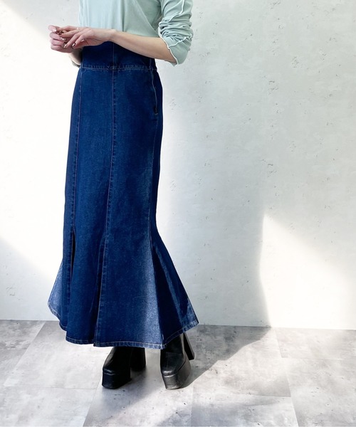 Per sist ence(パーシエンス)の「Per sist ence/パーシエンス デニム&ツイル ハイウエストマーメイドスカート(スカート・レディース・ブラック/インディゴブルー/アイボリー/ライトインディゴブルー・FREE)」の8枚目の写真