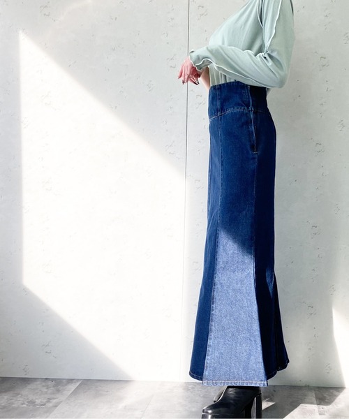 Per sist ence(パーシエンス)の「Per sist ence/パーシエンス デニム&ツイル ハイウエストマーメイドスカート(スカート・レディース・ブラック/インディゴブルー/アイボリー/ライトインディゴブルー・FREE)」の7枚目の写真