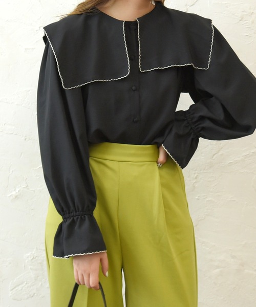 sango（sango）の「ビッグカラーブラウス（シャツ/ブラウス・レディース・ブラック/オフホワイト・FREE）」の2枚目の写真