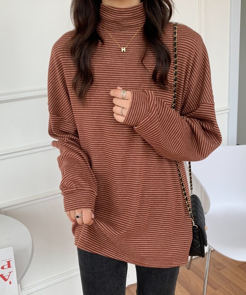ABITOKYO(アビトーキョー)の「ハーフボーダーハイネックロングTシャツ(Tシャツ/カットソー・レディース・ホワイト/ブラック/ベージュ/ブラウン・M/L)」の10枚目の写真