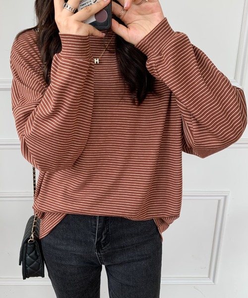 ABITOKYO(アビトーキョー)の「ハーフボーダーハイネックロングTシャツ(Tシャツ/カットソー・レディース・ホワイト/ブラック/ベージュ/ブラウン・M/L)」の5枚目の写真
