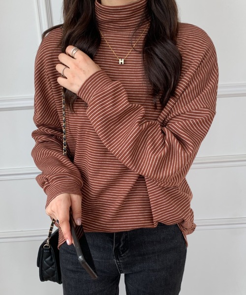 ABITOKYO(アビトーキョー)の「ハーフボーダーハイネックロングTシャツ(Tシャツ/カットソー・レディース・ホワイト/ブラック/ベージュ/ブラウン・M/L)」の6枚目の写真