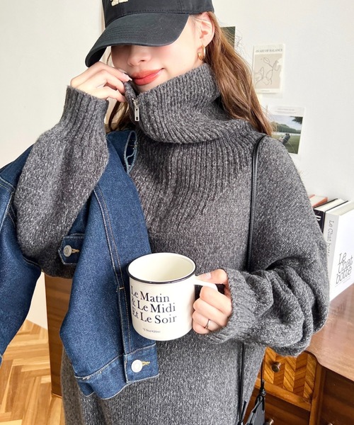 moment+（モーメントプラス）の「メランジハーフジップロングニット