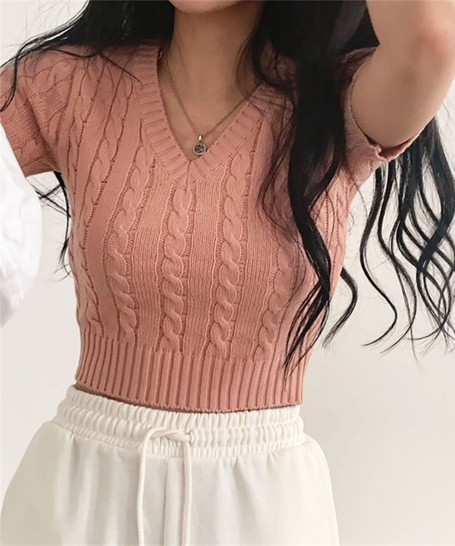 Girly Doll(ガーリードール)の「Vネックケーブル半袖ニット(ニット/セーター・レディース・ブルー/ブラック/ホワイト/ピンク・F)」の18枚目の写真