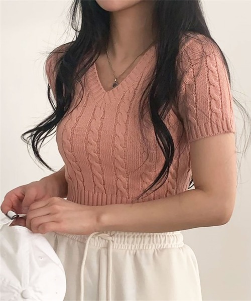 Girly Doll(ガーリードール)の「Vネックケーブル半袖ニット(ニット/セーター・レディース・ブルー/ブラック/ホワイト/ピンク・F)」の19枚目の写真