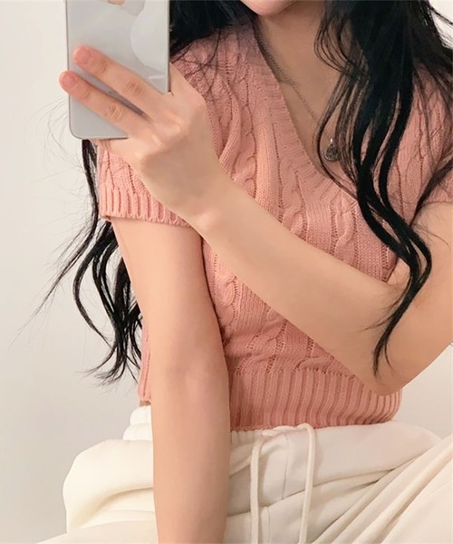 Girly Doll(ガーリードール)の「Vネックケーブル半袖ニット(ニット/セーター・レディース・ブルー/ブラック/ホワイト/ピンク・F)」の20枚目の写真