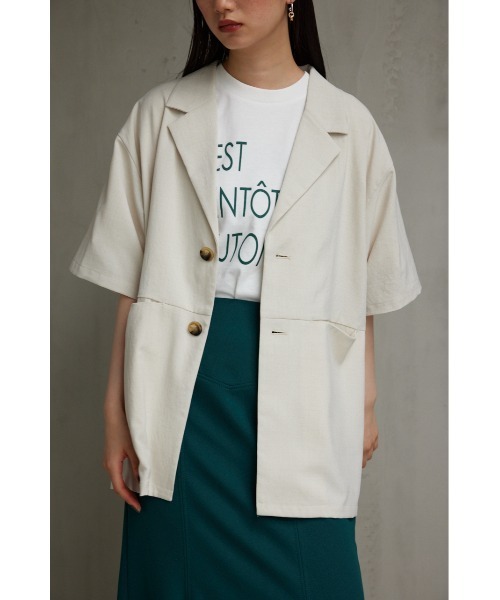 AZUL by moussy(アズールバイマウジー)の「リネンライク半袖シャツジャケット(テーラードジャケット・レディース・ダークグリーン/ブラック/アイボリー・FREE)」の1枚目の写真