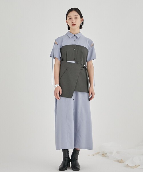 PUBLIC TOKYO（パブリックトウキョウ）の「ブロッキングシャツワンピース（ワンピース・レディース・ベージュ/サックスブルー・FREE）」の3枚目の写真