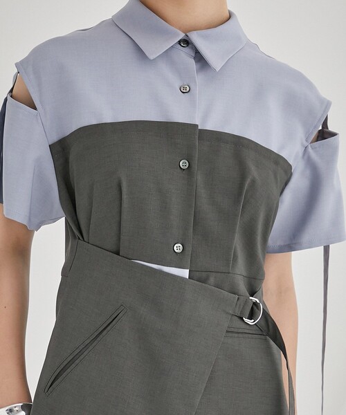 PUBLIC TOKYO（パブリックトウキョウ）の「ブロッキングシャツワンピース（ワンピース・レディース・ベージュ/サックスブルー・FREE）」の8枚目の写真